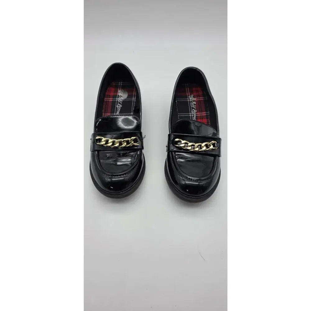 Self Esteem Girls Size 2M Black Patent Loafers Gold Chain Dress Shoes